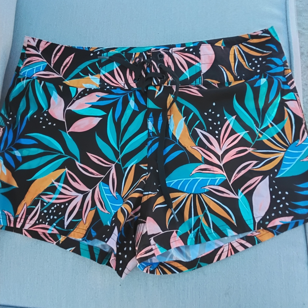 Island Escape Black Swim Shorts with Teal, Pink & Gold Leaf Print